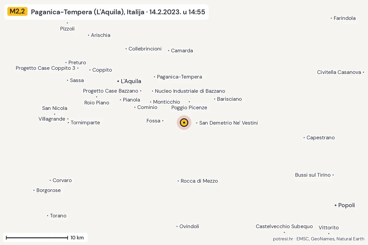 Karta: okolica epicentra, 60 km, potres M2,2, Paganica-Tempera (L'Aquila), Italija, 14.2.2023.