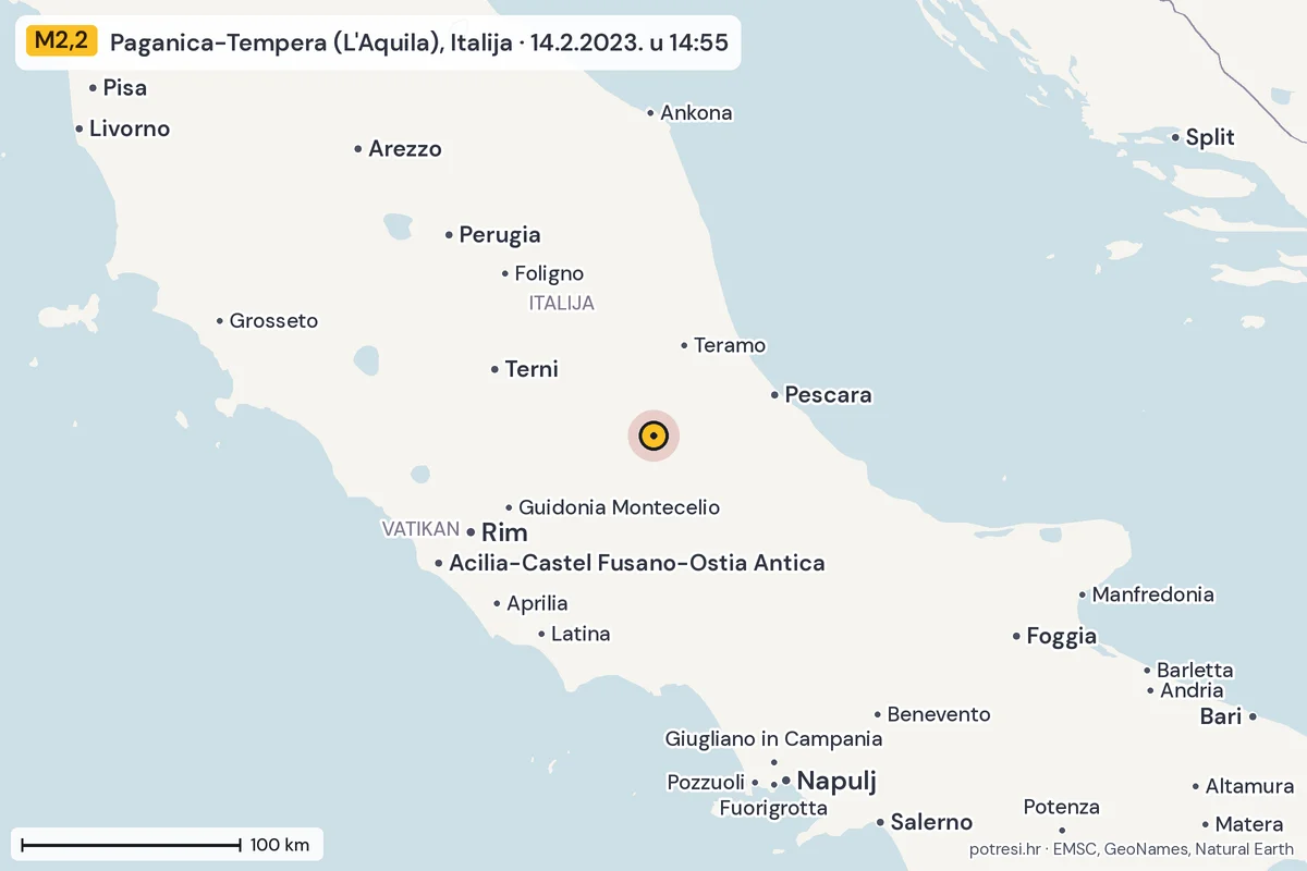 Karta: šire područje, 600 km, potres M2,2, Paganica-Tempera (L'Aquila), Italija, 14.2.2023.
