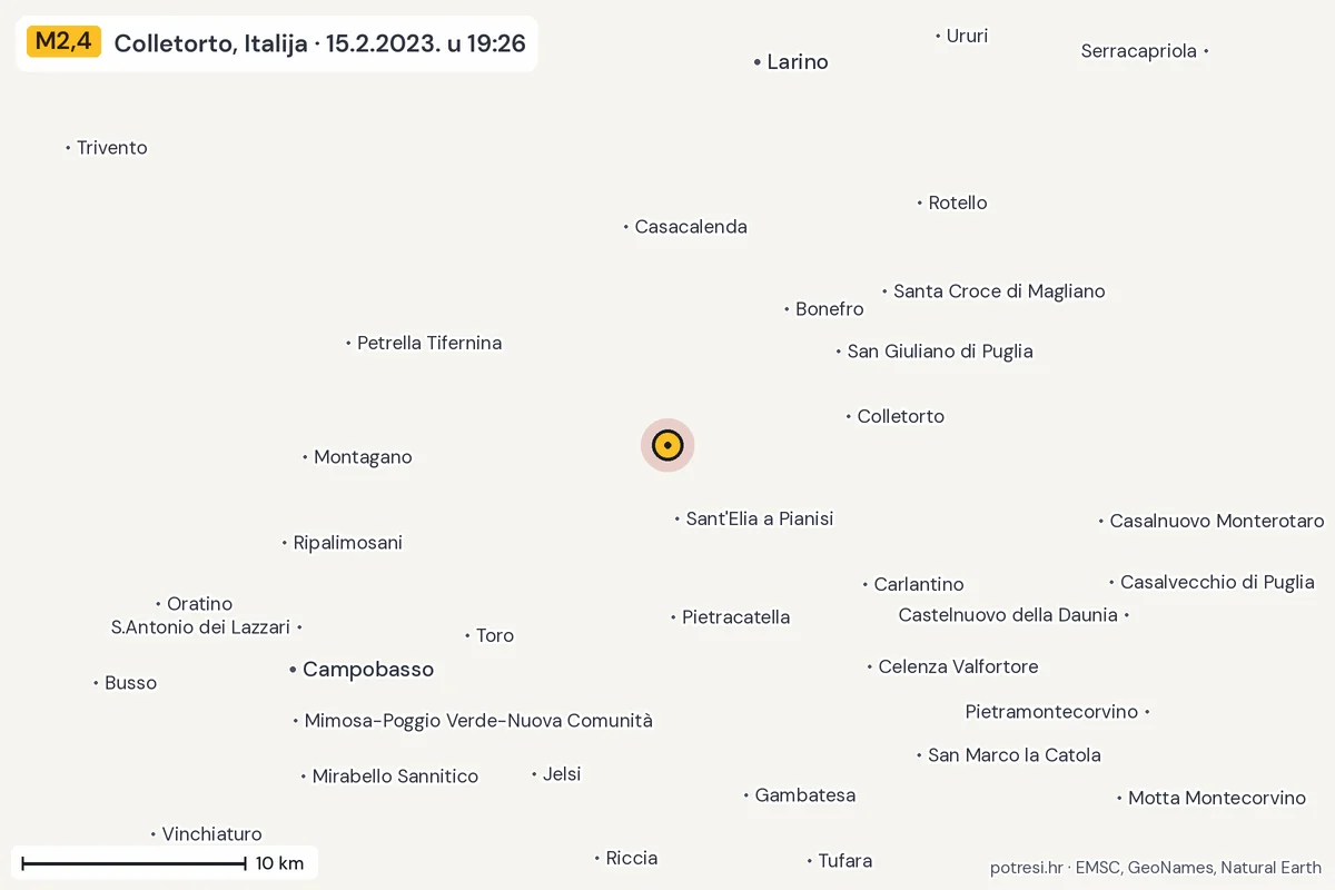 Karta: okolica epicentra, 60 km, potres M2,4, Colletorto, Italija, 15.2.2023.
