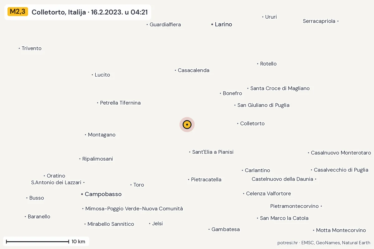Karta: okolica epicentra, 60 km, potres M2,3, Colletorto, Italija, 16.2.2023.