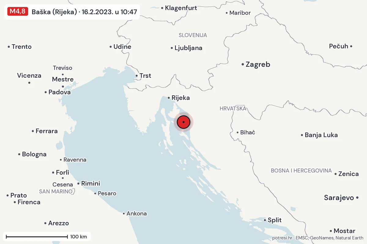 Karta: šire područje, 600 km, potres M4,8, Baška (Rijeka), 16.2.2023.