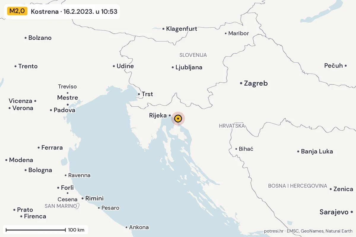 Karta: šire područje, 600 km, potres M2,0, Kostrena, 16.2.2023.