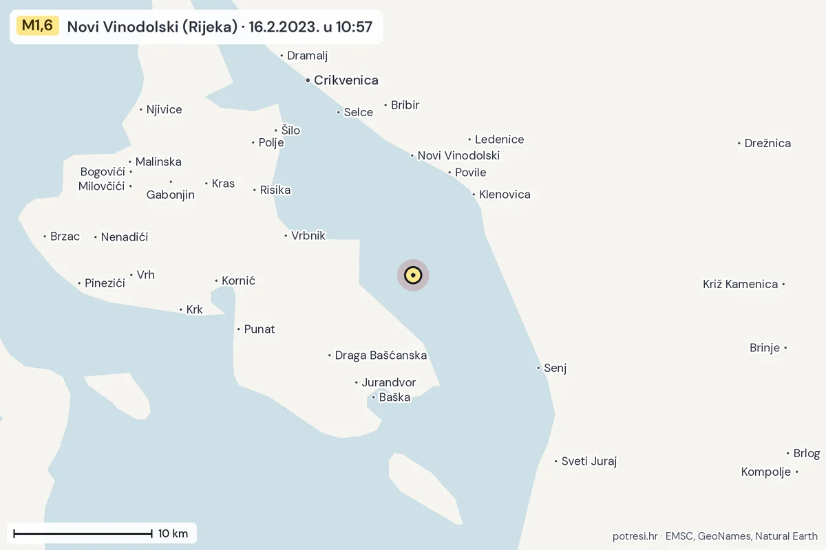 Karta: okolica epicentra, 60 km, potres M1,6, Novi Vinodolski (Rijeka), 16.2.2023.