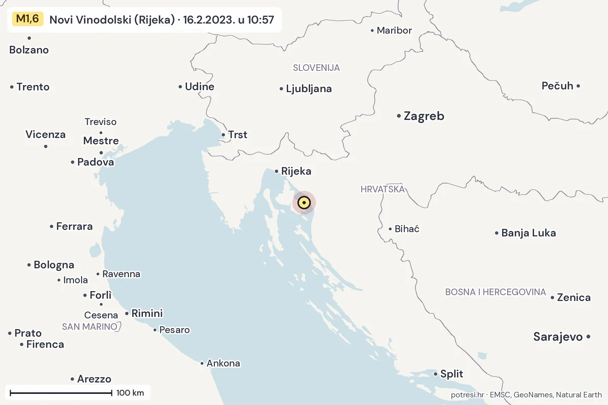 Karta: šire područje, 600 km, potres M1,6, Novi Vinodolski (Rijeka), 16.2.2023.