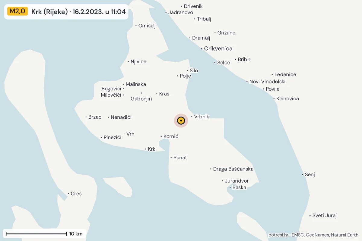Karta: okolica epicentra, 60 km, potres M2,0, Krk (Rijeka), 16.2.2023.
