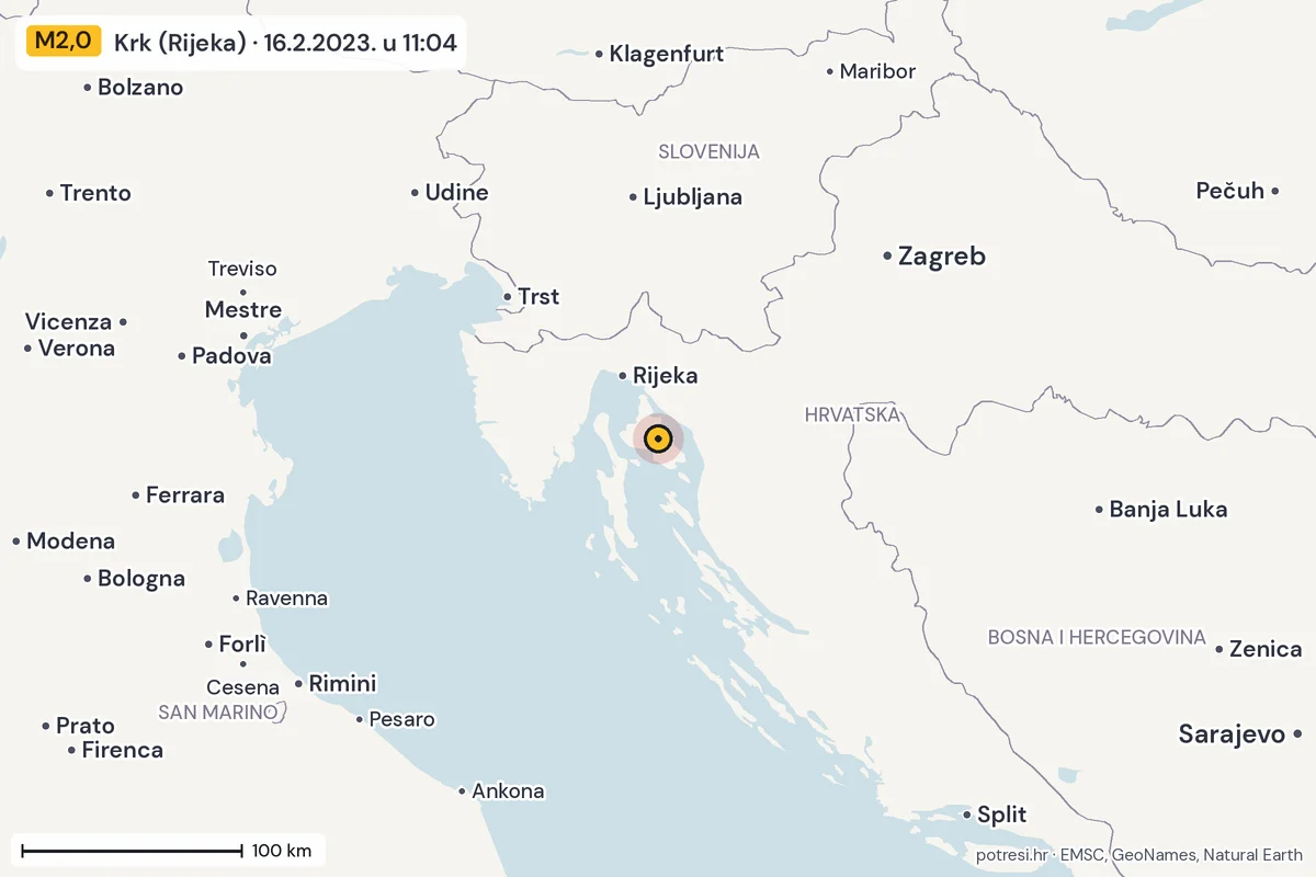 Karta: šire područje, 600 km, potres M2,0, Krk (Rijeka), 16.2.2023.