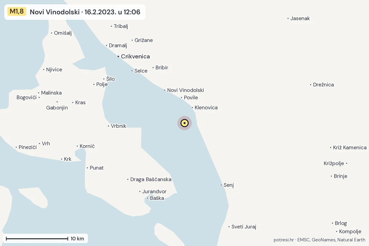 Karta: okolica epicentra, 60 km, potres M1,8, Novi Vinodolski, 16.2.2023.