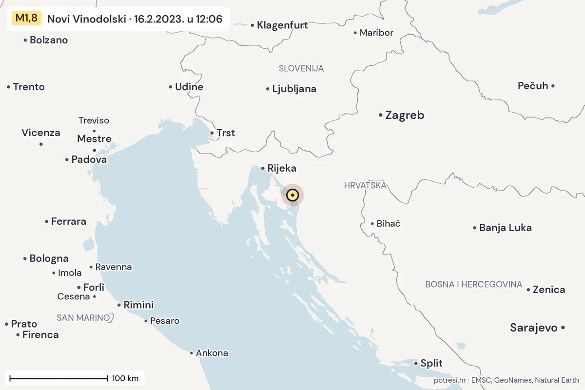 Karta: šire područje, 600 km, potres M1,8, Novi Vinodolski, 16.2.2023.