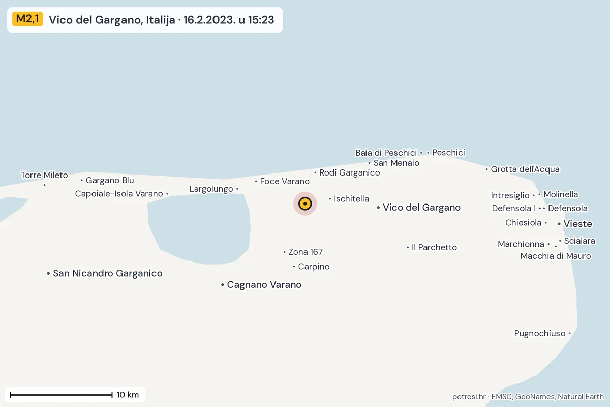 Karta: okolica epicentra, 60 km, potres M2,1, Vico del Gargano, Italija, 16.2.2023.