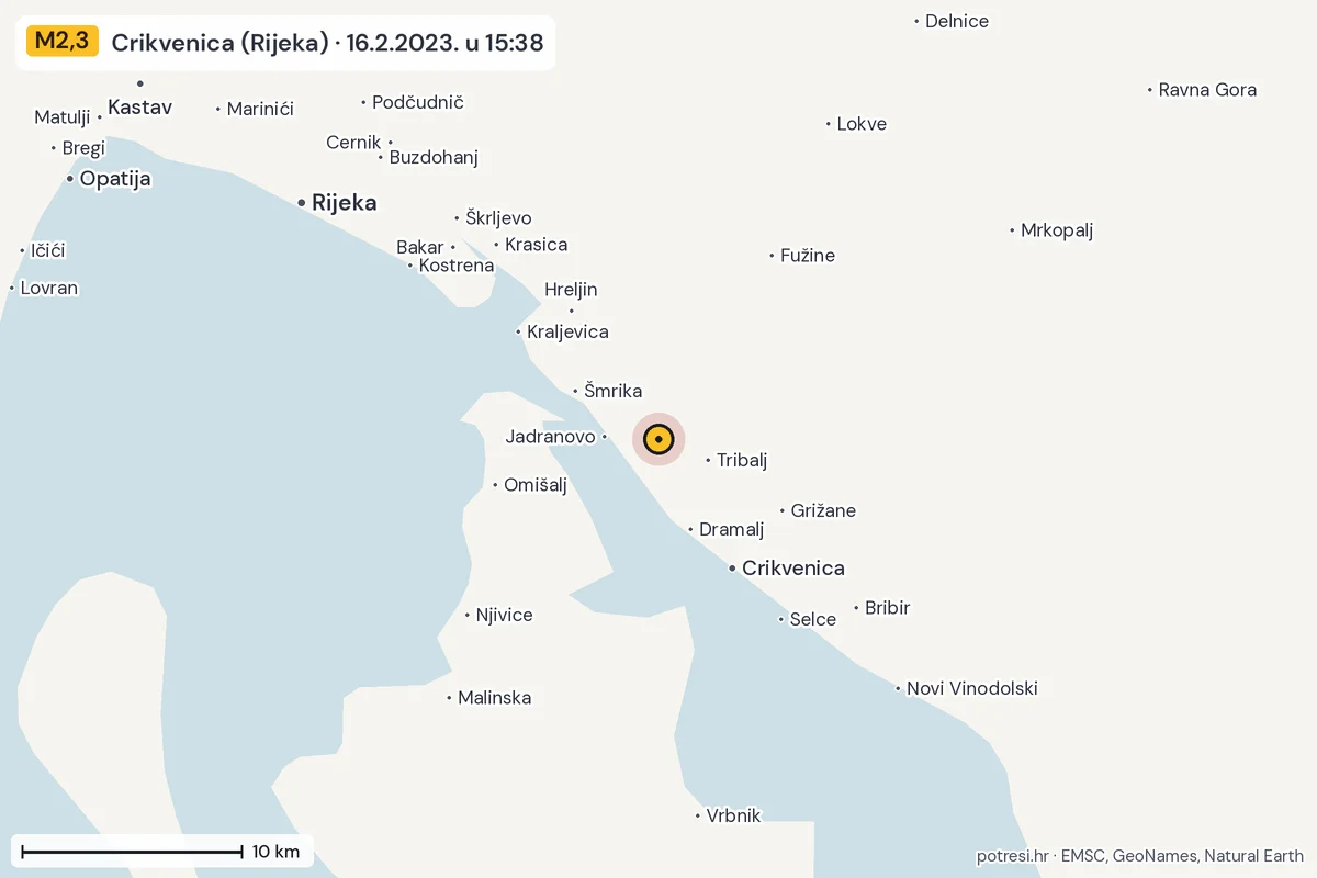 Karta: okolica epicentra, 60 km, potres M2,3, Crikvenica (Rijeka), 16.2.2023.