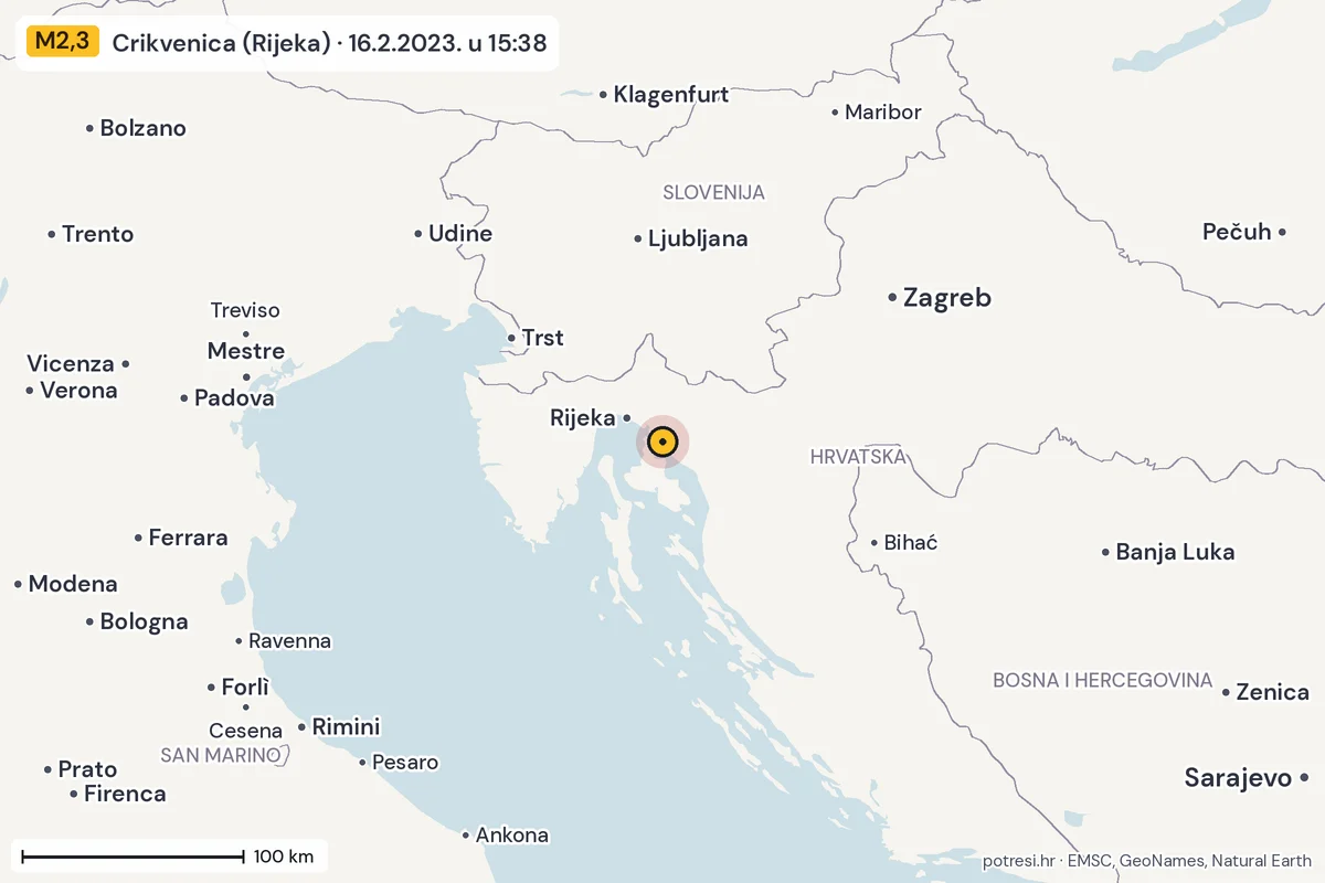 Karta: šire područje, 600 km, potres M2,3, Crikvenica (Rijeka), 16.2.2023.
