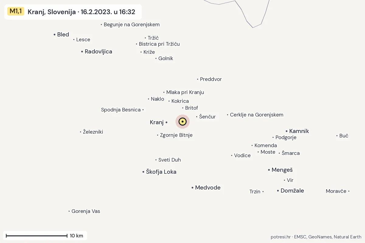 Karta: okolica epicentra, 60 km, potres M1,1, Kranj, Slovenija, 16.2.2023.