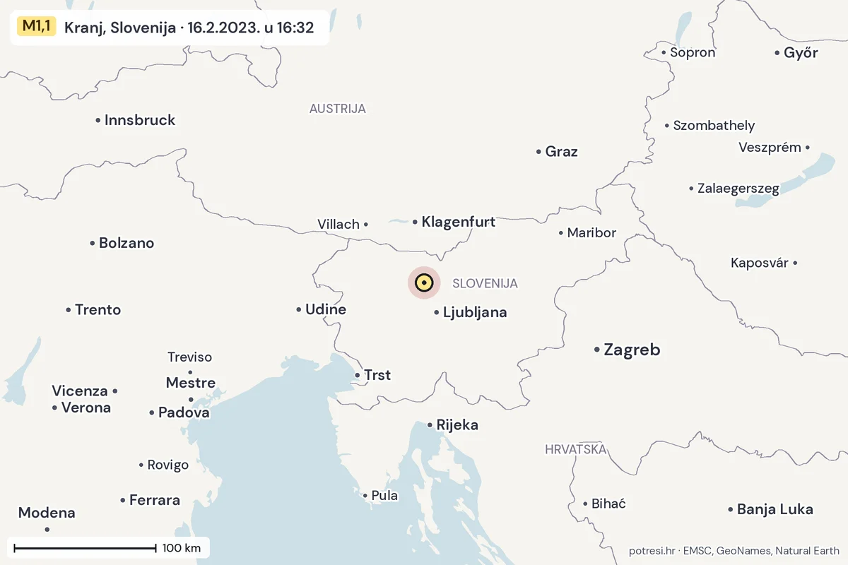 Karta: šire područje, 600 km, potres M1,1, Kranj, Slovenija, 16.2.2023.