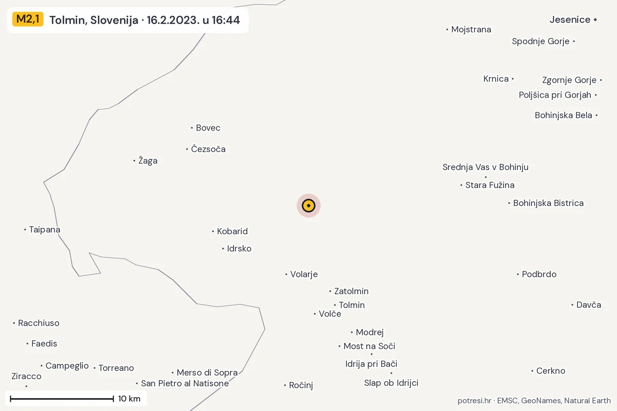 Karta: okolica epicentra, 60 km, potres M2,1, Tolmin, Slovenija, 16.2.2023.