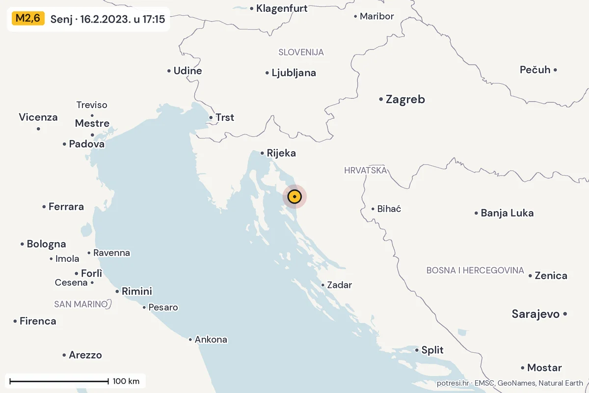 Karta: šire područje, 600 km, potres M2,6, Senj, 16.2.2023.