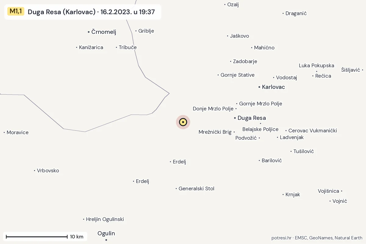 Karta: okolica epicentra, 60 km, potres M1,1, Duga Resa (Karlovac), 16.2.2023.