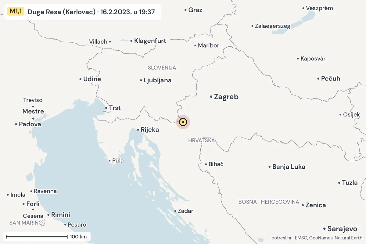 Karta: šire područje, 600 km, potres M1,1, Duga Resa (Karlovac), 16.2.2023.