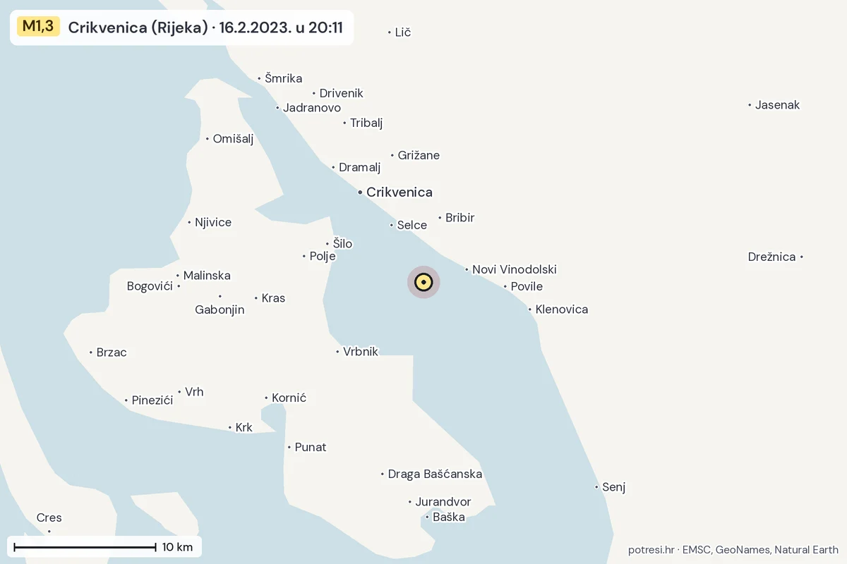 Karta: okolica epicentra, 60 km, potres M1,3, Crikvenica (Rijeka), 16.2.2023.