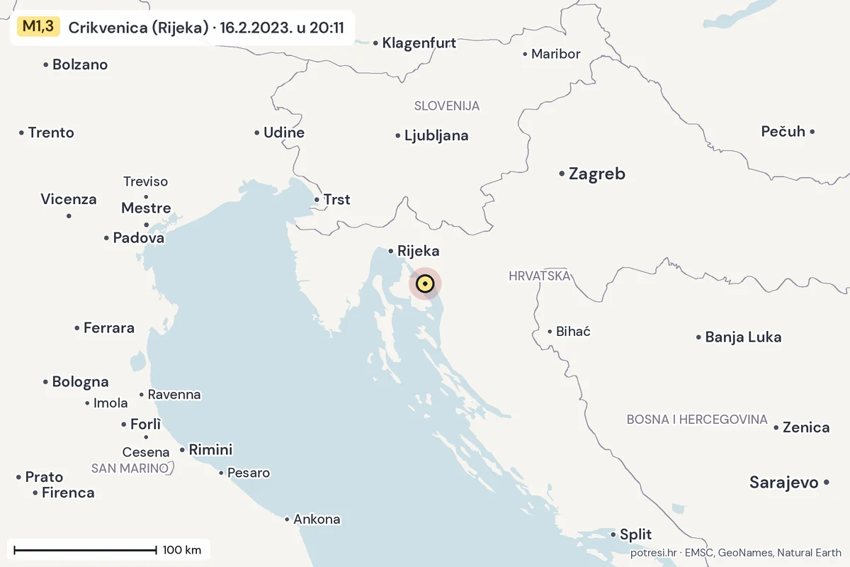Karta: šire područje, 600 km, potres M1,3, Crikvenica (Rijeka), 16.2.2023.