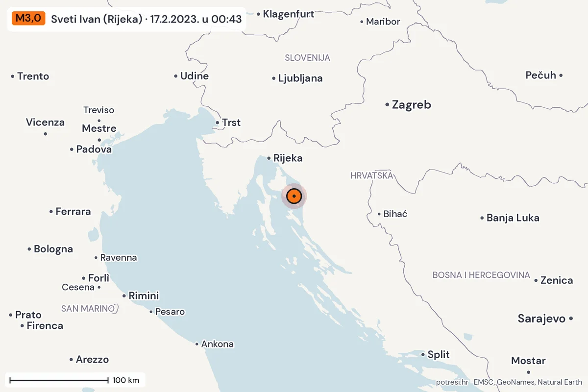 Karta: šire područje, 600 km, potres M3,0, Sveti Ivan (Rijeka), 17.2.2023.