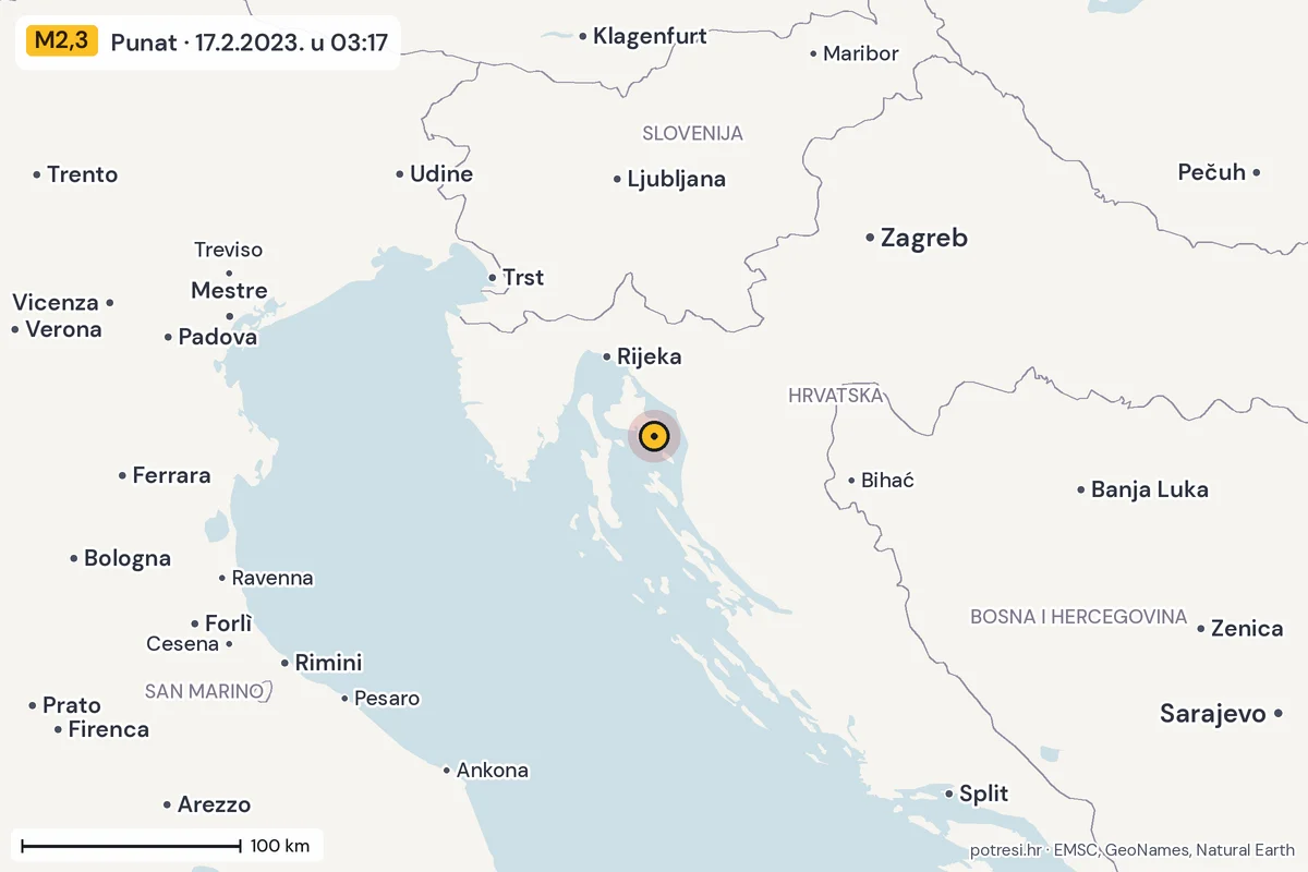Karta: šire područje, 600 km, potres M2,3, Punat, 17.2.2023.