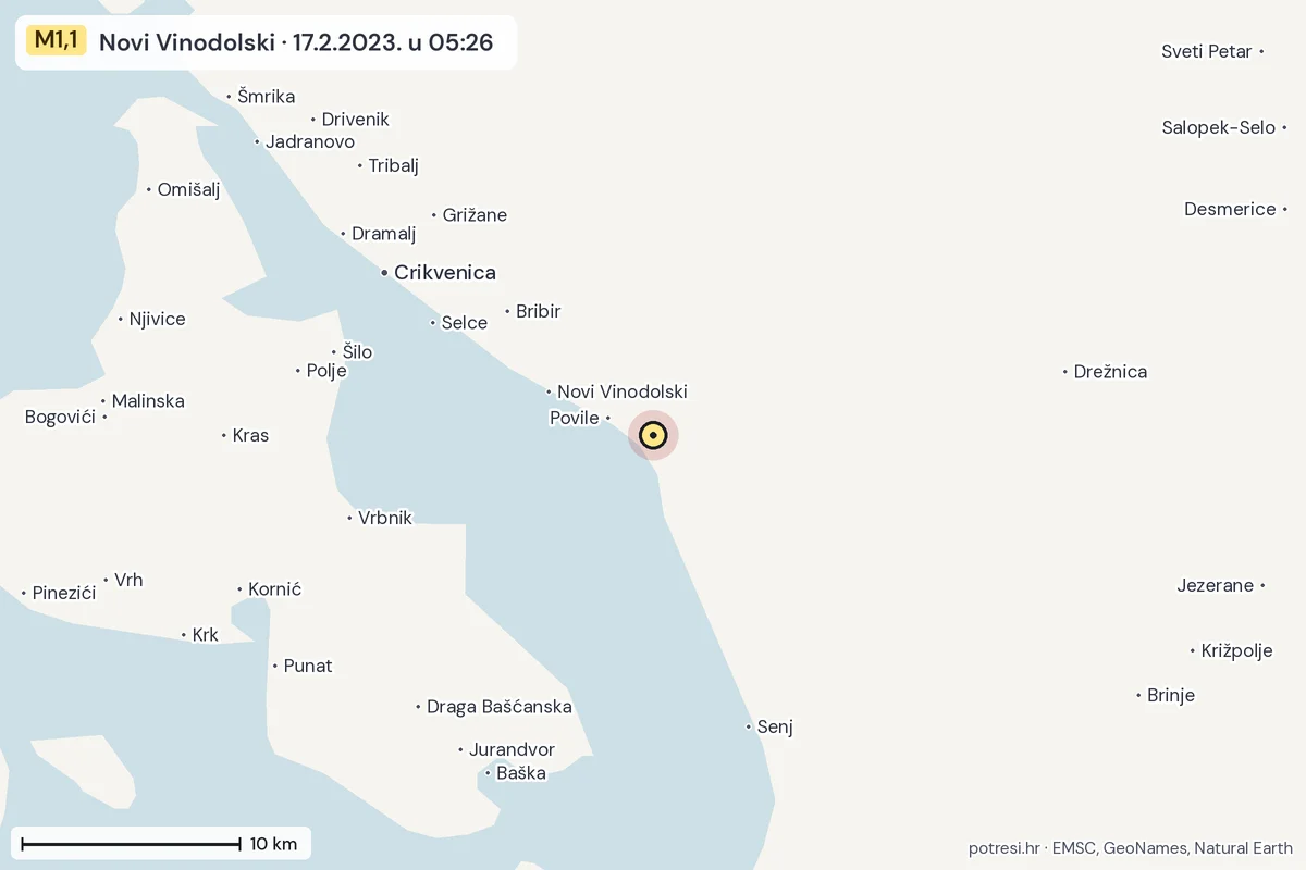 Karta: okolica epicentra, 60 km, potres M1,1, Novi Vinodolski, 17.2.2023.