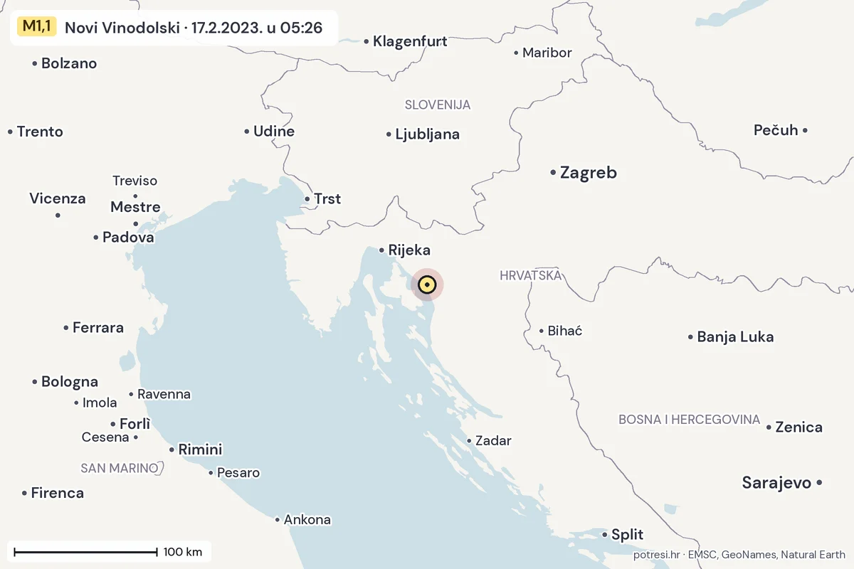Karta: šire područje, 600 km, potres M1,1, Novi Vinodolski, 17.2.2023.