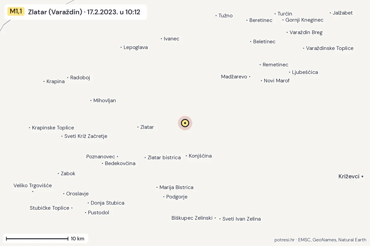 Karta: okolica epicentra, 60 km, potres M1,1, Zlatar (Varaždin), 17.2.2023.
