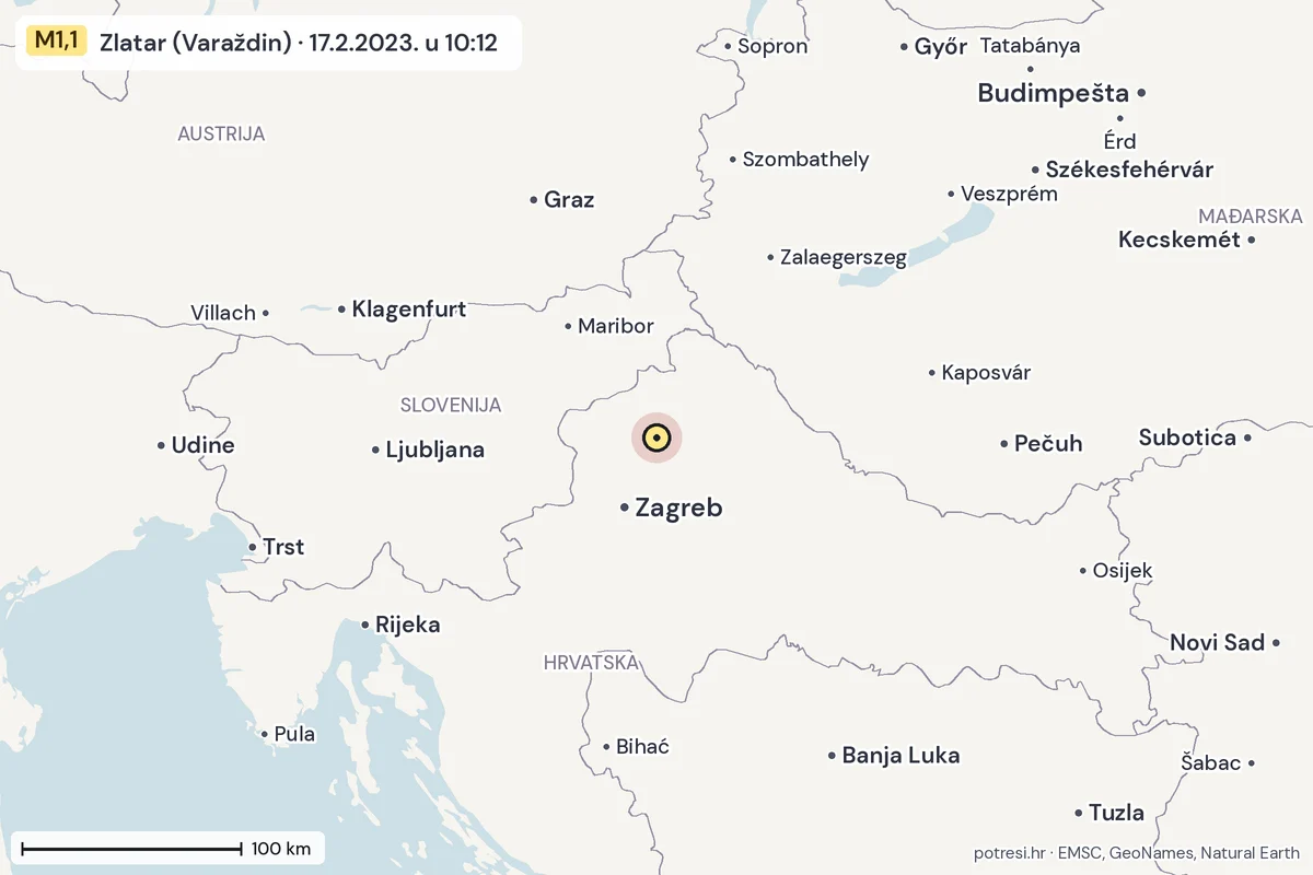Karta: šire područje, 600 km, potres M1,1, Zlatar (Varaždin), 17.2.2023.
