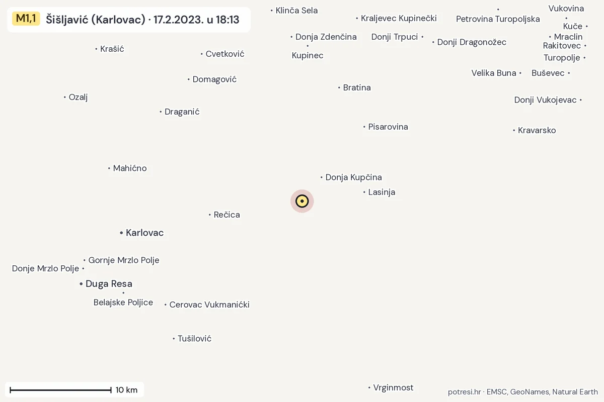 Karta: okolica epicentra, 60 km, potres M1,1, Šišljavić (Karlovac), 17.2.2023.