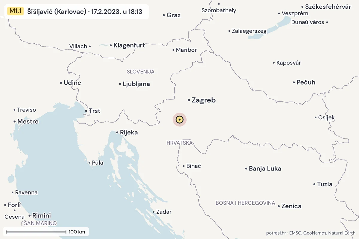 Karta: šire područje, 600 km, potres M1,1, Šišljavić (Karlovac), 17.2.2023.