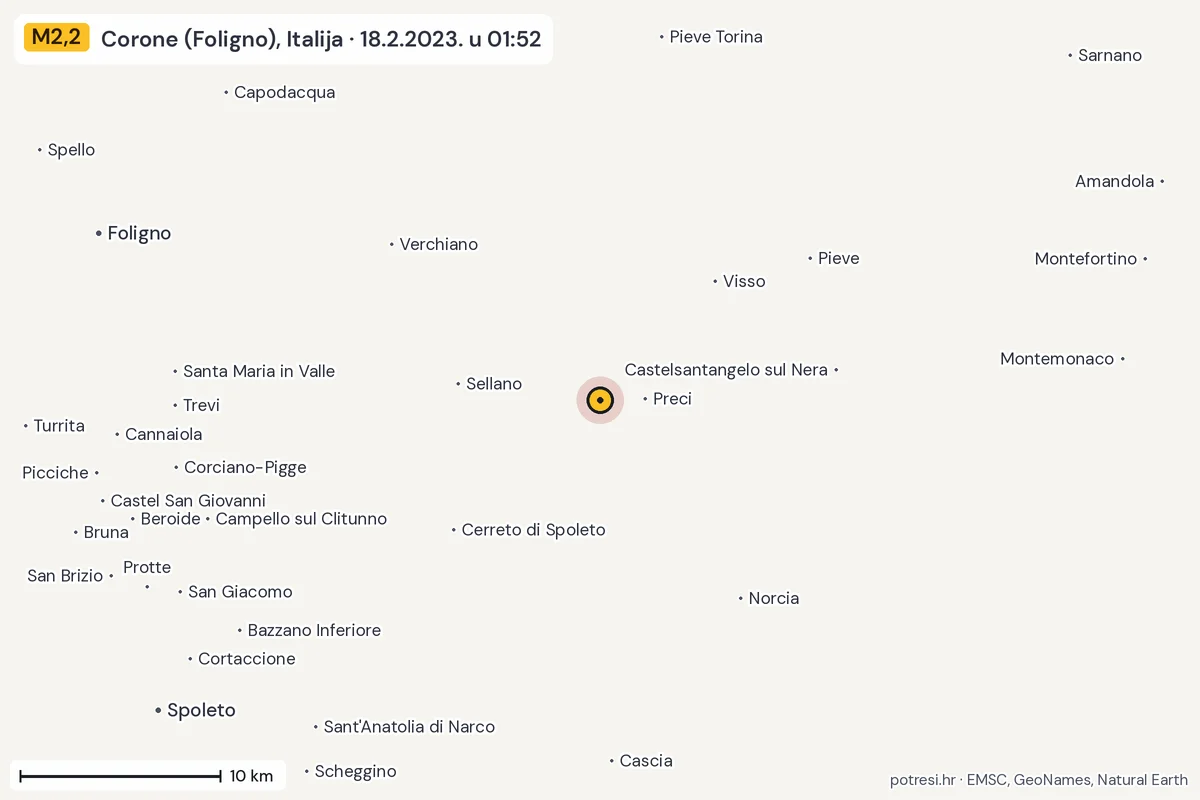 Karta: okolica epicentra, 60 km, potres M2,2, Corone (Foligno), Italija, 18.2.2023.
