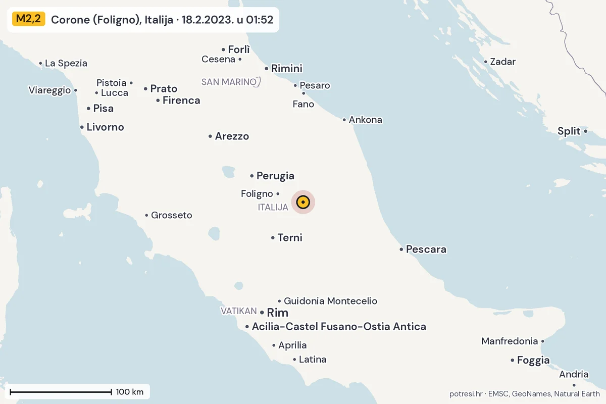 Karta: šire područje, 600 km, potres M2,2, Corone (Foligno), Italija, 18.2.2023.
