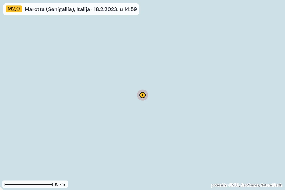 Karta: okolica epicentra, 60 km, potres M2,0, Marotta (Senigallia), Italija, 18.2.2023.