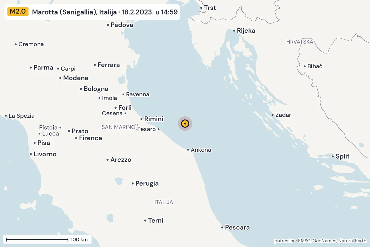 Karta: šire područje, 600 km, potres M2,0, Marotta (Senigallia), Italija, 18.2.2023.