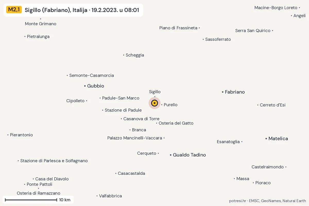Karta: okolica epicentra, 60 km, potres M2,1, Sigillo (Fabriano), Italija, 19.2.2023.