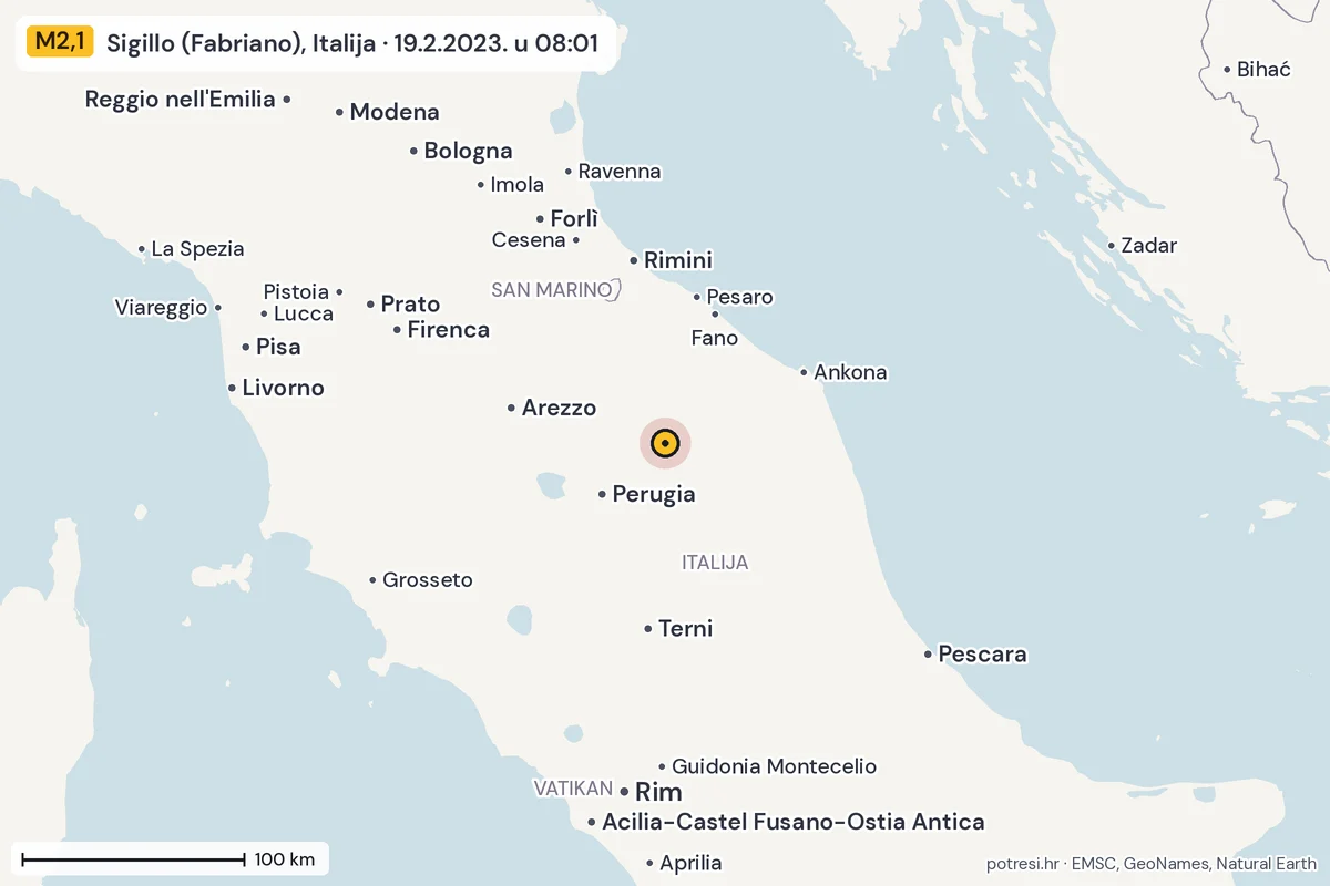Karta: šire područje, 600 km, potres M2,1, Sigillo (Fabriano), Italija, 19.2.2023.