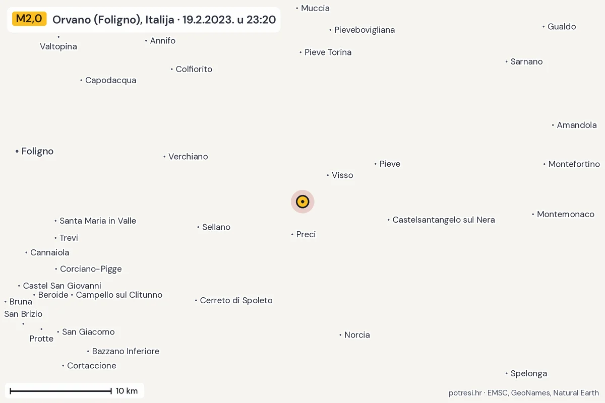 Karta: okolica epicentra, 60 km, potres M2,0, Orvano (Foligno), Italija, 19.2.2023.