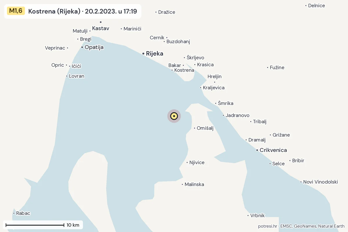 Karta: okolica epicentra, 60 km, potres M1,6, Kostrena (Rijeka), 20.2.2023.