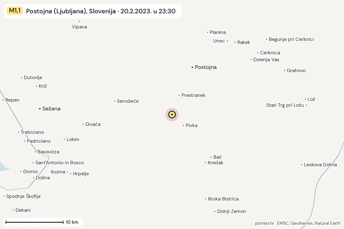Karta: okolica epicentra, 60 km, potres M1,1, Postojna (Ljubljana), Slovenija, 20.2.2023.