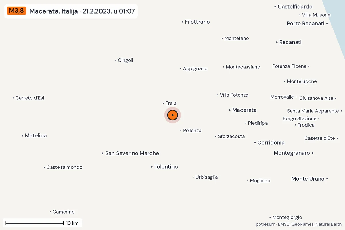 Karta: okolica epicentra, 60 km, potres M3,8, Macerata, Italija, 21.2.2023.