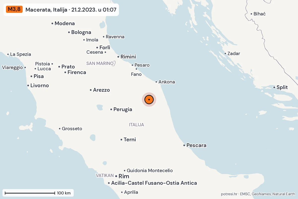Karta: šire područje, 600 km, potres M3,8, Macerata, Italija, 21.2.2023.