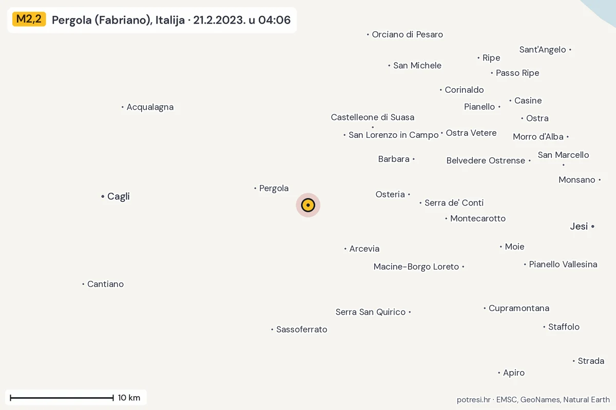 Karta: okolica epicentra, 60 km, potres M2,2, Pergola (Fabriano), Italija, 21.2.2023.