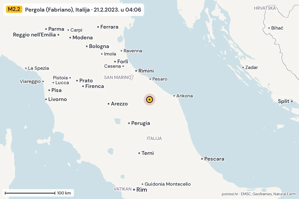 Karta: šire područje, 600 km, potres M2,2, Pergola (Fabriano), Italija, 21.2.2023.
