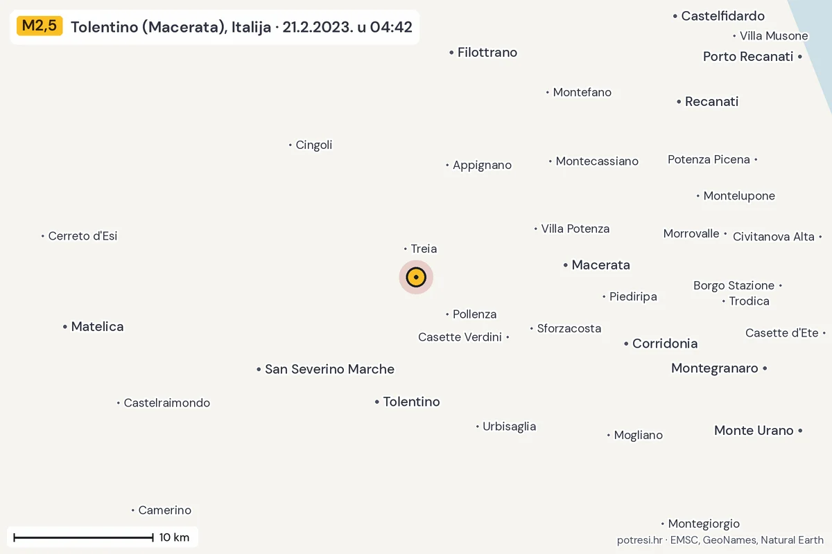 Karta: okolica epicentra, 60 km, potres M2,5, Tolentino (Macerata), Italija, 21.2.2023.