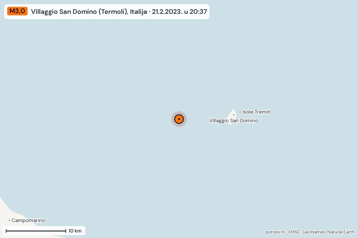 Karta: okolica epicentra, 60 km, potres M3,0, Villaggio San Domino (Termoli), Italija, 21.2.2023.