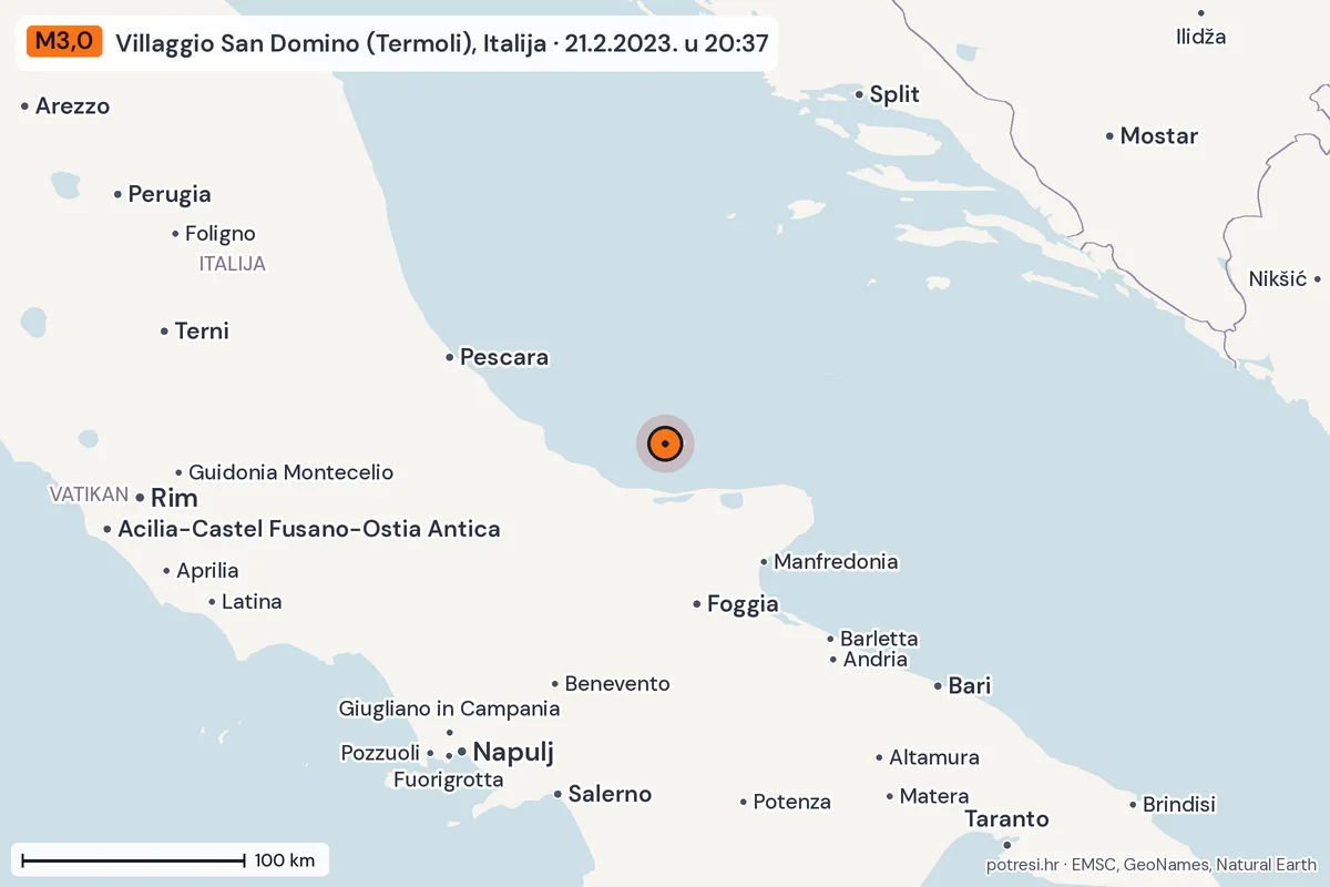 Karta: šire područje, 600 km, potres M3,0, Villaggio San Domino (Termoli), Italija, 21.2.2023.