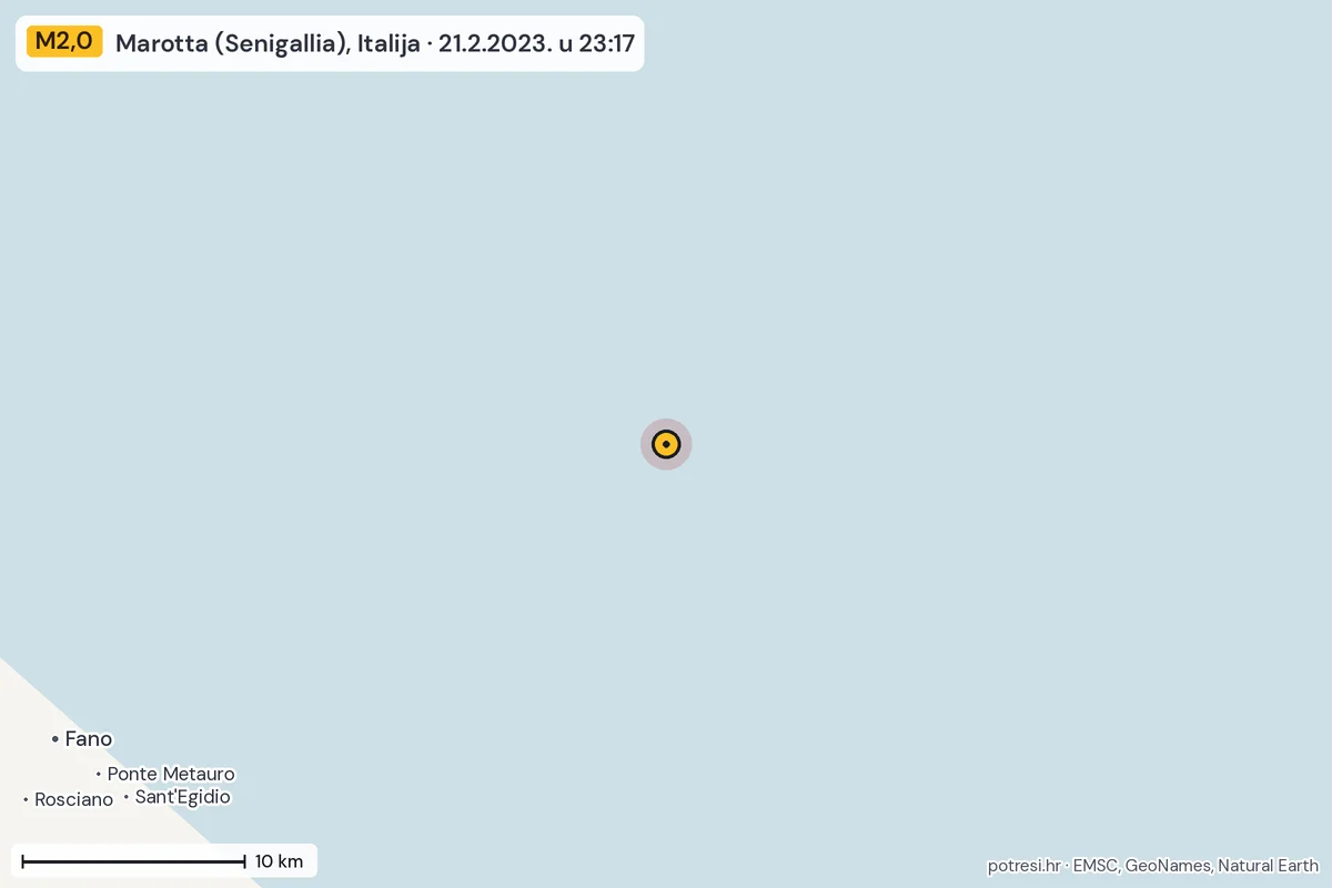 Karta: okolica epicentra, 60 km, potres M2,0, Marotta (Senigallia), Italija, 21.2.2023.