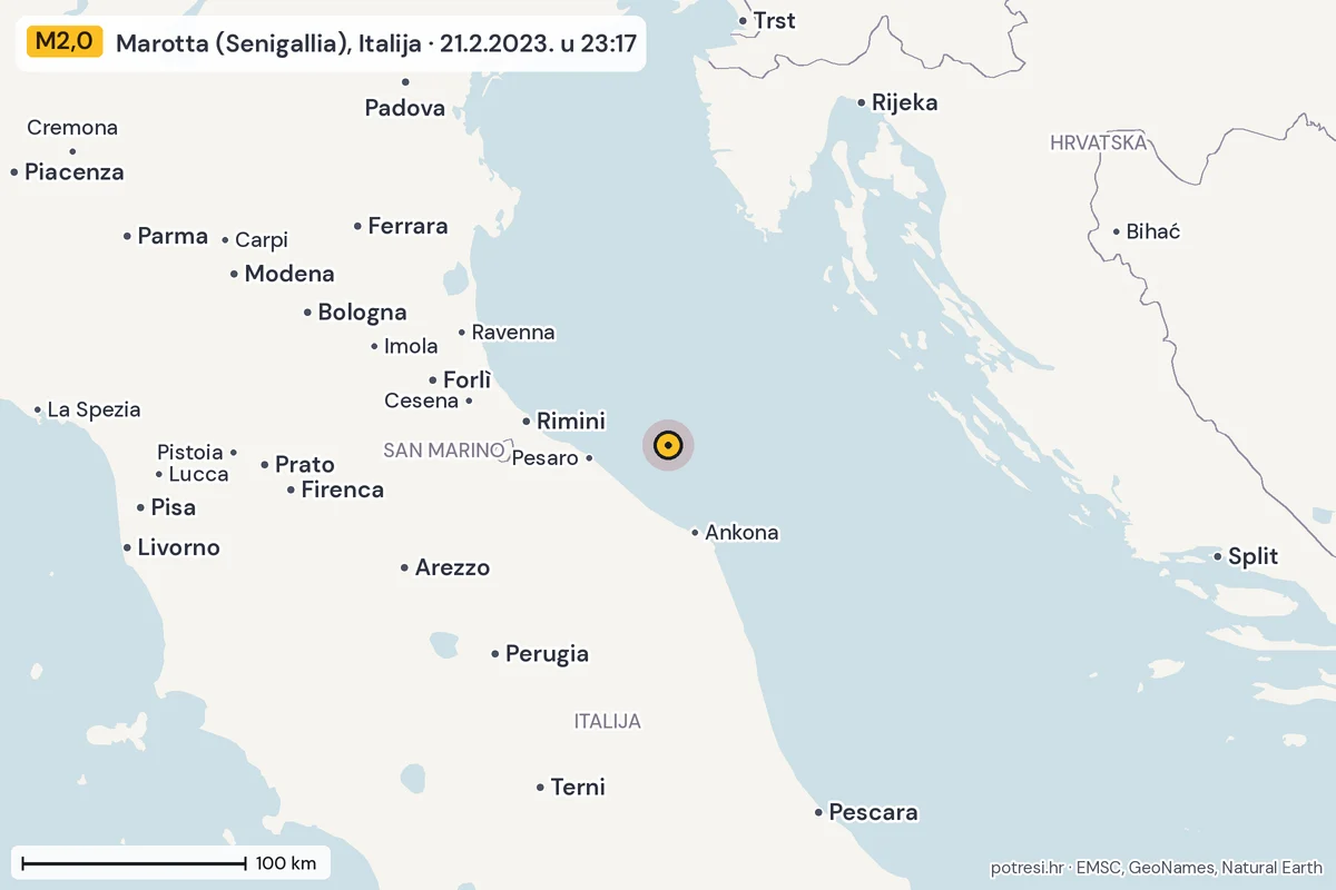 Karta: šire područje, 600 km, potres M2,0, Marotta (Senigallia), Italija, 21.2.2023.