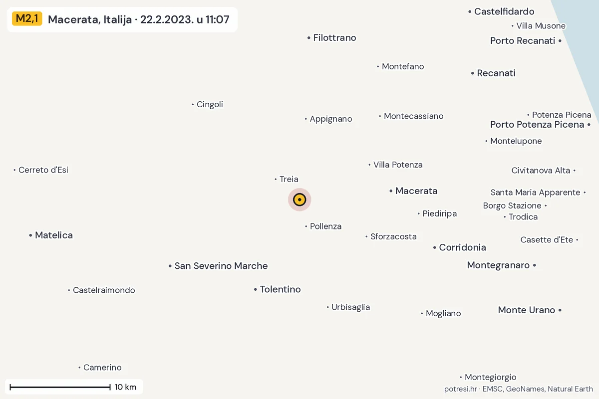 Karta: okolica epicentra, 60 km, potres M2,1, Macerata, Italija, 22.2.2023.
